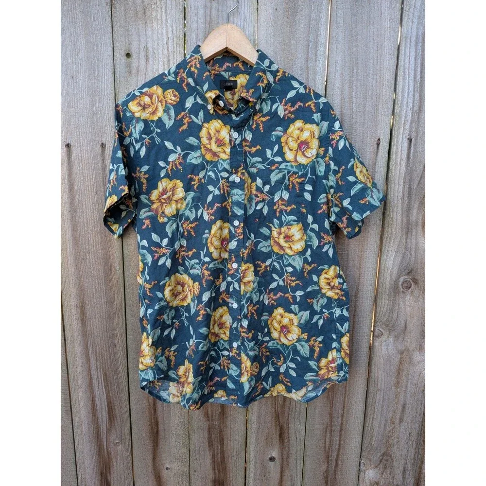 J Crew Short Sleeve Shirt Button Down Floral Green Medium Cotton Lightweight